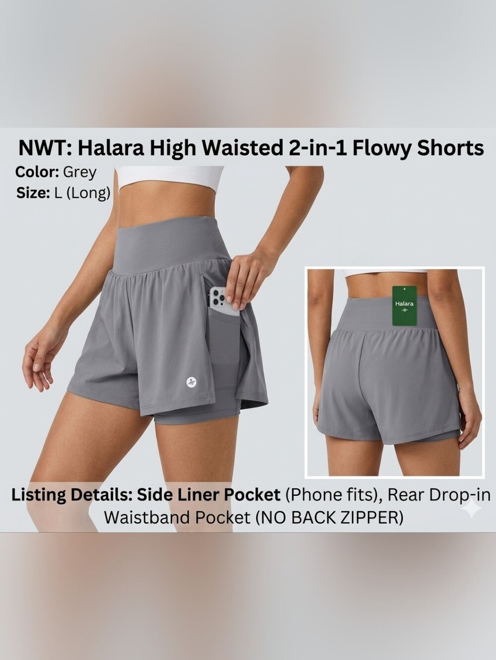 Halara High Waisted 2-in-1 Flowy Shorts w/ Liner Pockets NWT Large Long Graphite